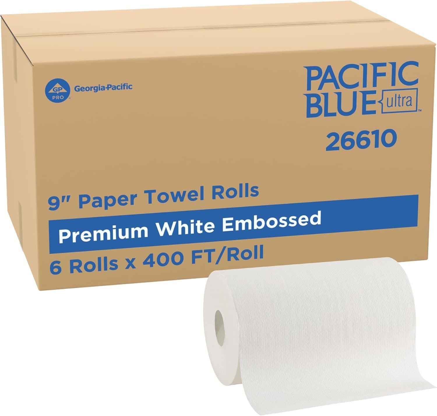 Pacific Blue Ultra by Georgia-Pacific PRO 9” Paper Towel Rolls, White, 400 Feet Per Roll, 6 Rolls Per Case, 26610