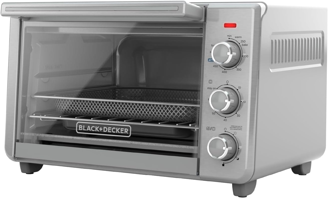 BLACK+DECKER Crisp ‘N Bake Air Fryer Countertop Convection Toaster Oven, Large Capacity, 6-Slice, 5-in-1, Fits 12” Pizza, 60-Min Timer, Bake, Broil, Air Fry, Toast, Keep Warm, Stainless Steel