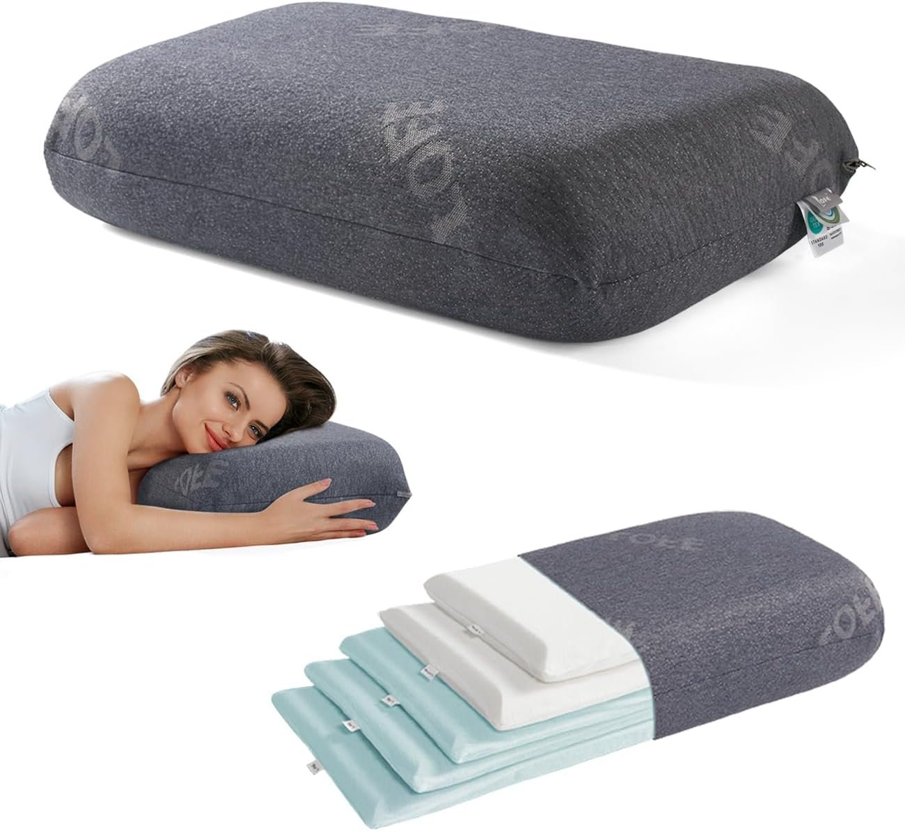 Adjustable Memory Foam Pillow, Side Sleeper Pillow to Softness/Support | 10 Heights of Adjustable Piliow for Neck Pain Relief, CertiPUR-US Memory Foam Plilow for Stomach/Side/Back Sleeper