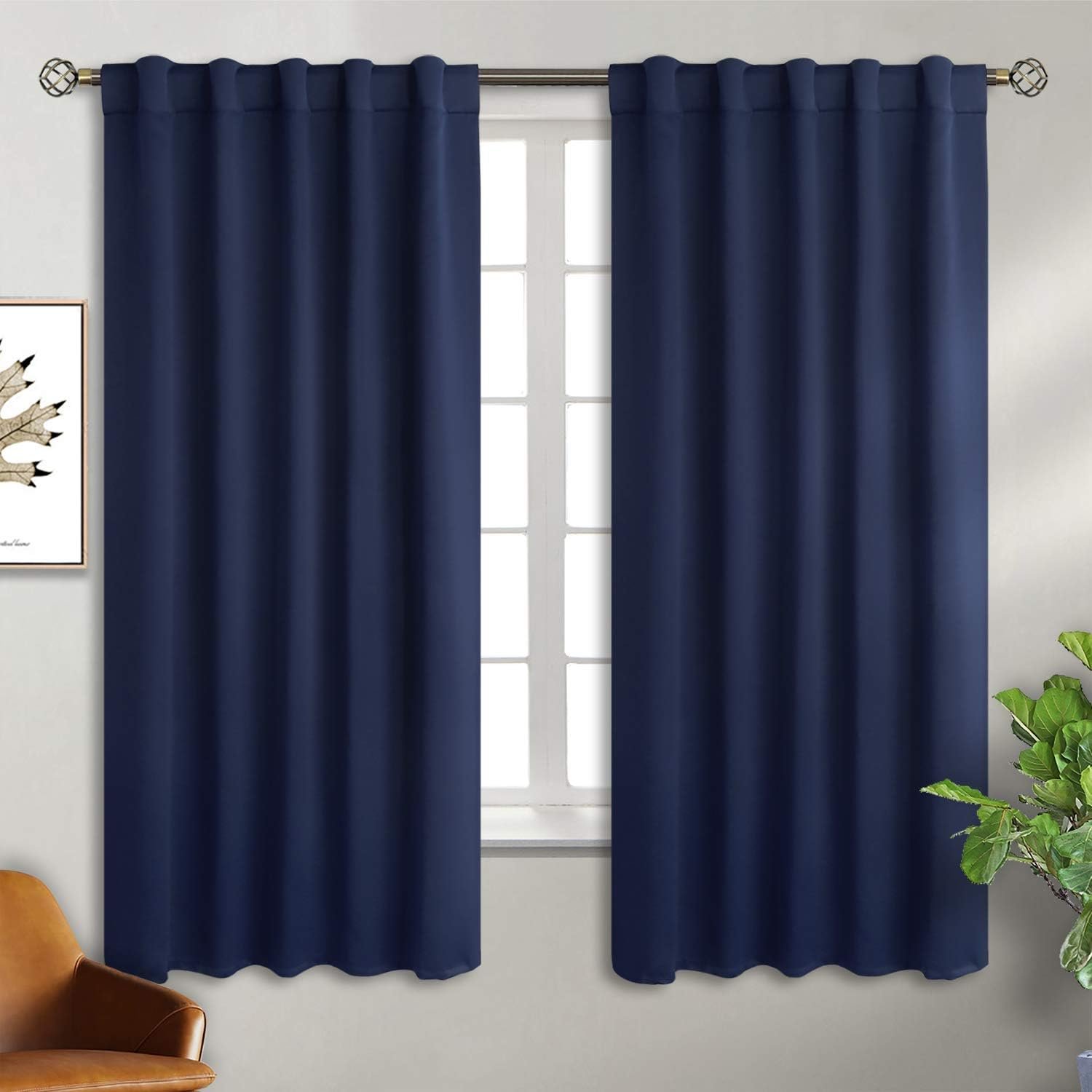 BGment Rod Pocket and Back Tab Blackout Curtains for Bedroom – Thermal Insulated Room Darkening Curtains for Living Room, 42×63 inch, 2 Window Curtain Panels, Navy Blue
