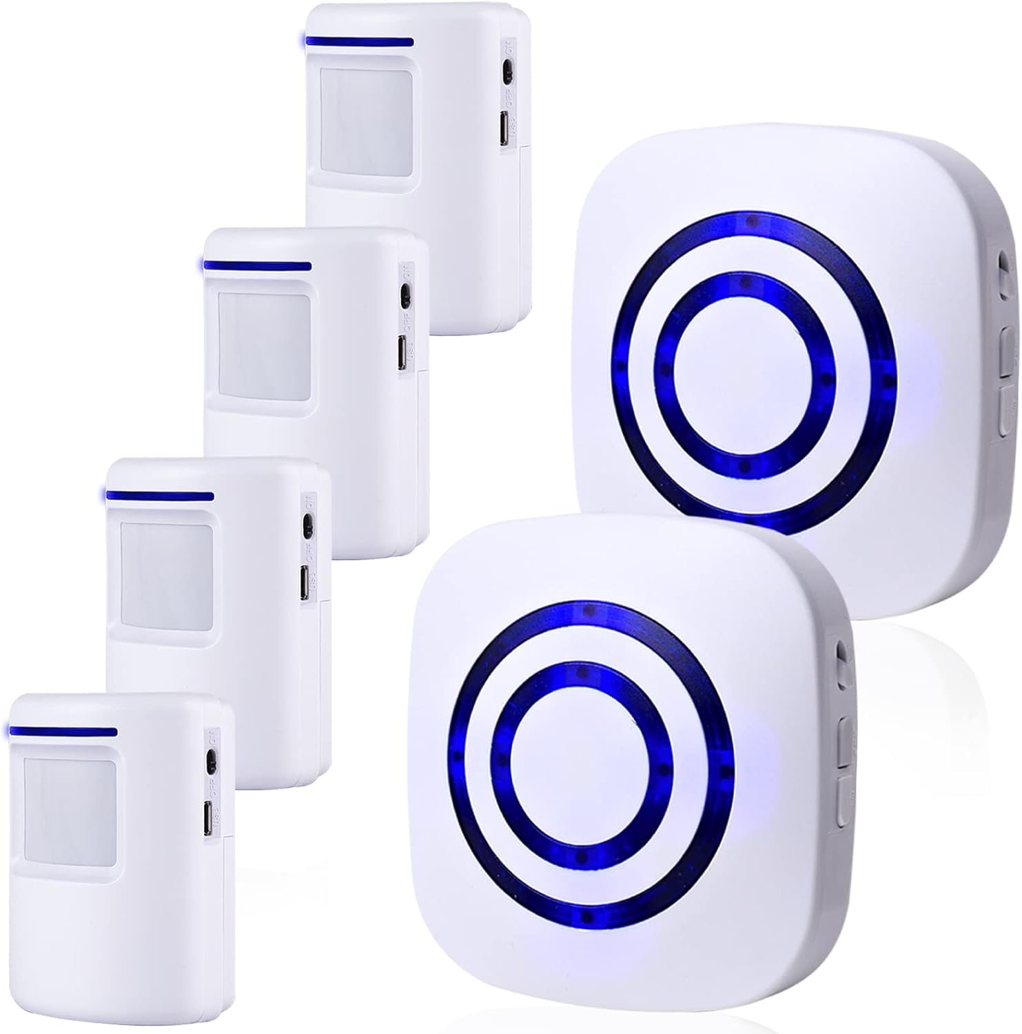 BESTOONE Motion Sensor Alarm, Long Range Wireless Driveway Alarm, Indoor Home Security System Electric Doorbells, 4 Motion Detector and 2 Alarm, 38 Chime Tunes, LED Indicator