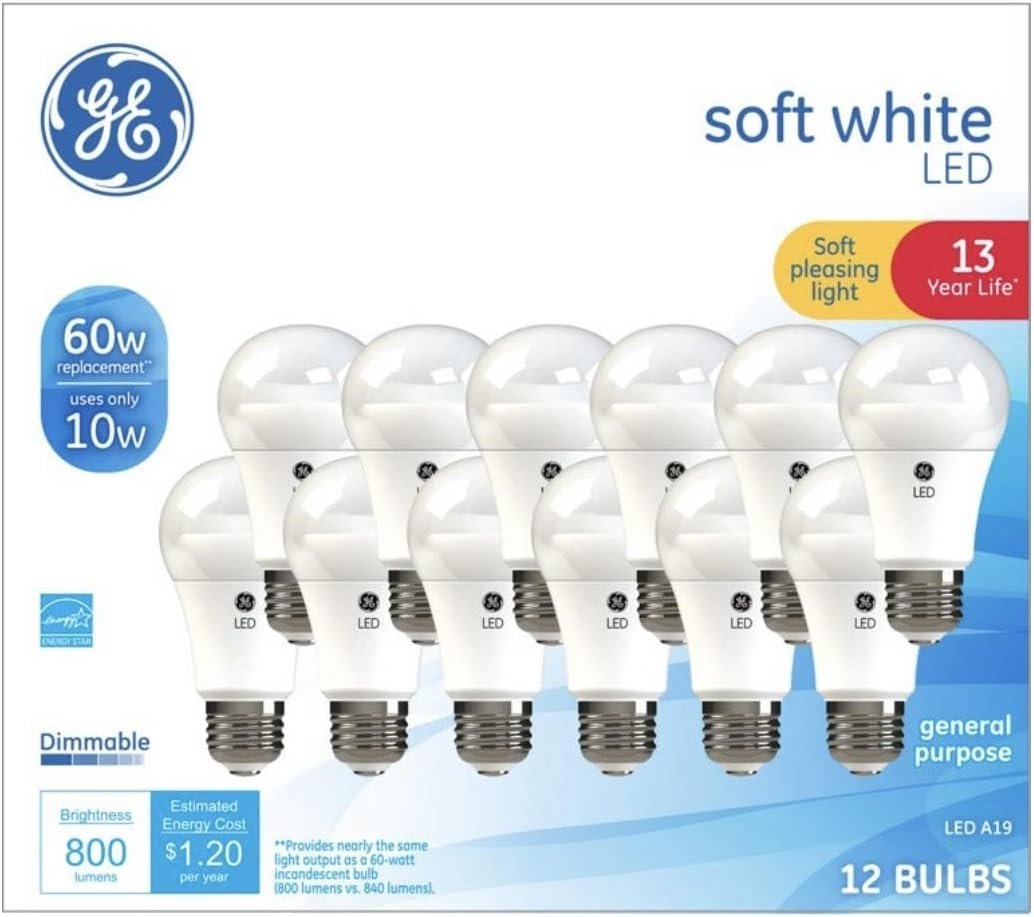 GE Soft White 60 Watt Replacement LED Light Bulbs, General Purpose, Dimmable Light Bulbs (Soft White, 12 Pack) (12)