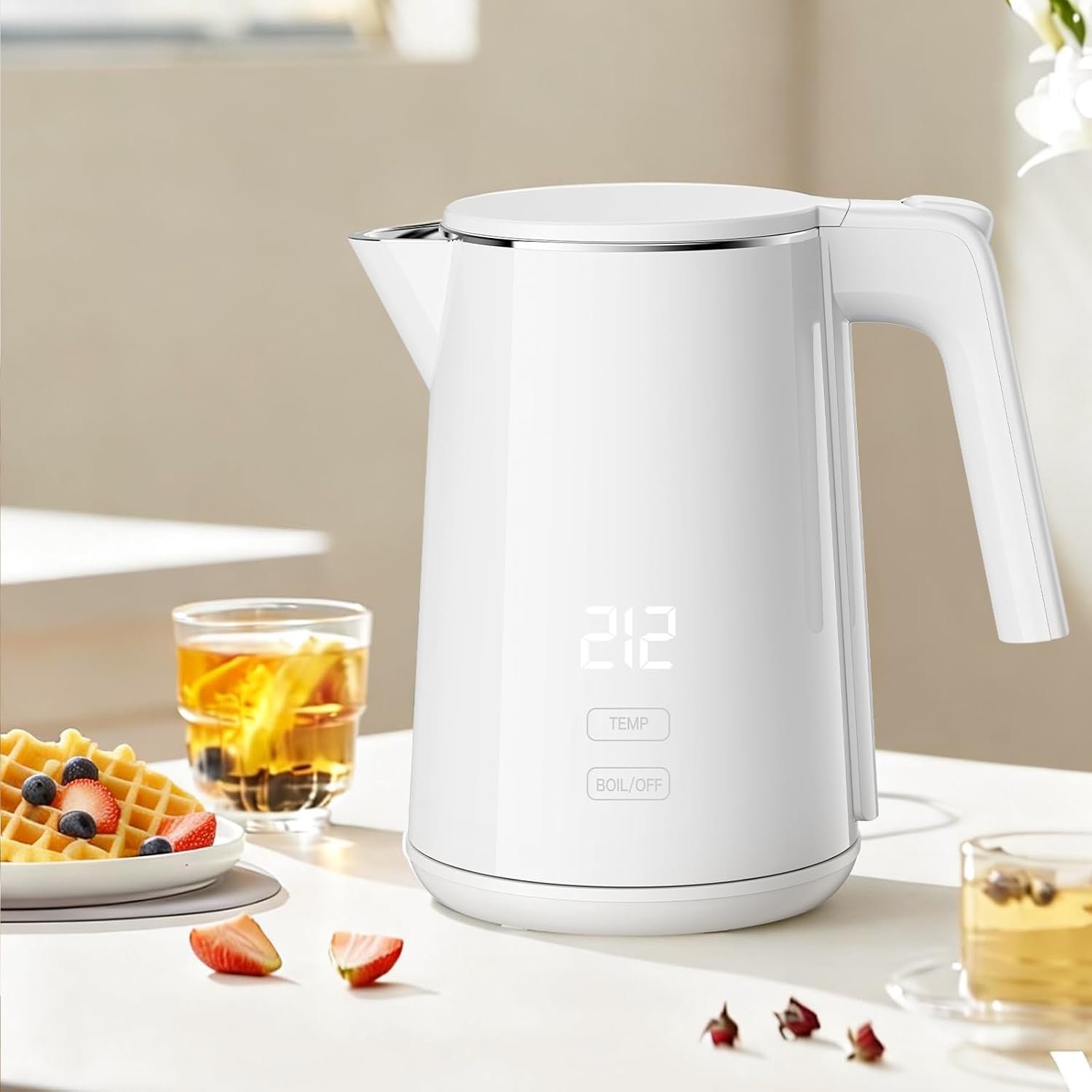 Electric Kettle, 1.0L Fast Boiling with 7 Temperature Settings, Auto Shut-Off & Boil-Dry Protection, Stainless Steel Interior, 4 Hour Keep Warm, Cool Touch Double Wall, Perfect for Coffee & Tea, White