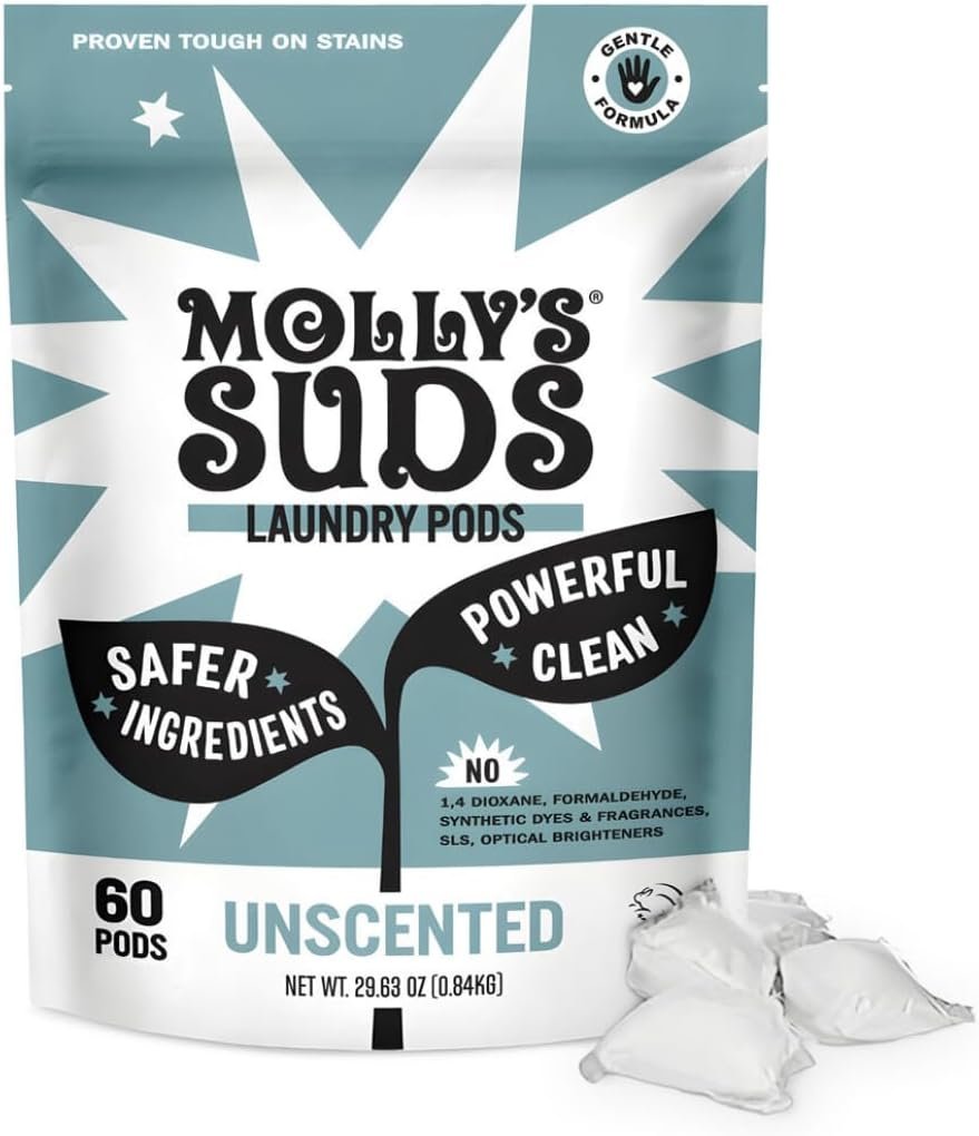 Molly’s Suds Laundry Detergent Pods | Clean Detergent for Sensitive Skin | Ultra Concentrated and Stain Fighting | Unscented – 60 Count