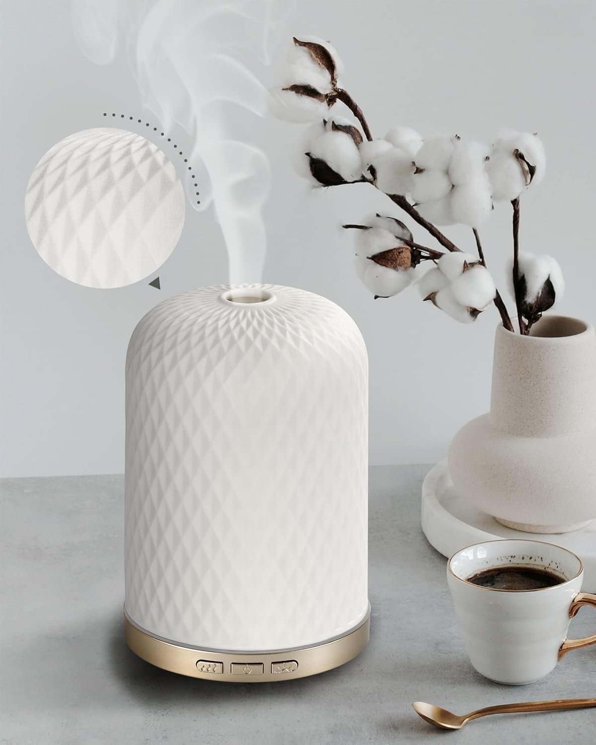 Essential Oil Diffuser – 2.4MHz Ultrasonic Ceramic Diffuser with Pulse/Continuous Mist & Night Light, Waterless Auto-Off, Silent Aromatherapy Diffuser for Home, Office, Yoga, Spa, Gifts & Home Decor.