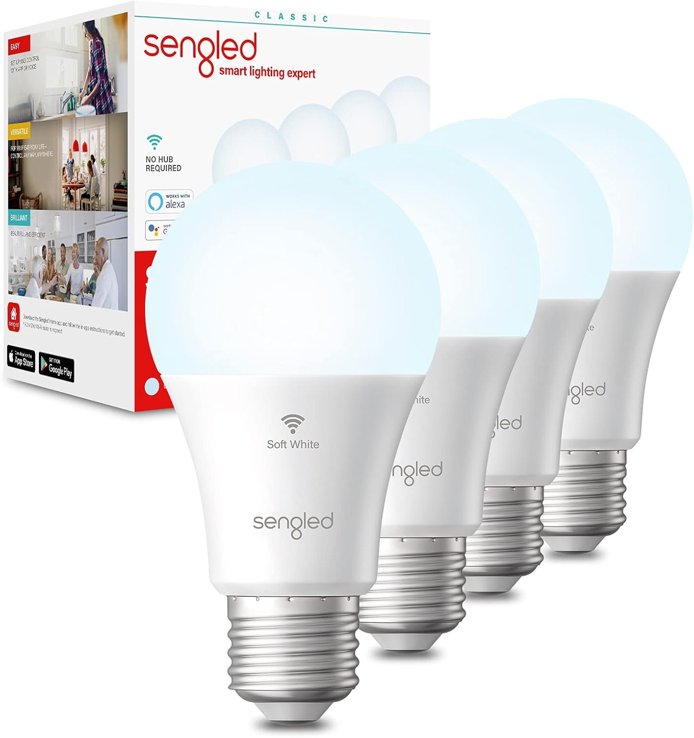 Sengled WiFi Light Bulb – Smart Bulbs That is Compatible with Google Assistant, A19 Daylight (5000K) – No Hub Required, 800LM 60W High CRI)60 Equivalent, 4 Count (Pack of 1)