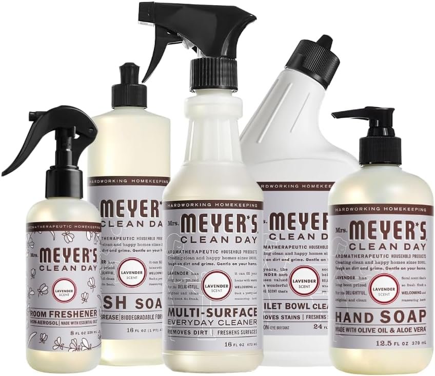Mrs. MEYER’S CLEAN DAY Variety, 1 Room Freshener, 8 OZ, 1 Liquid Hand Soap, 12.5 OZ, 1 Liquid Dish Soap, 16 FL OZ, 1 Multi-Surface Cleaner, 16 OZ, 1 Toilet Bowl Cleaner, 24 OZ, 1 CT (Lavender)
