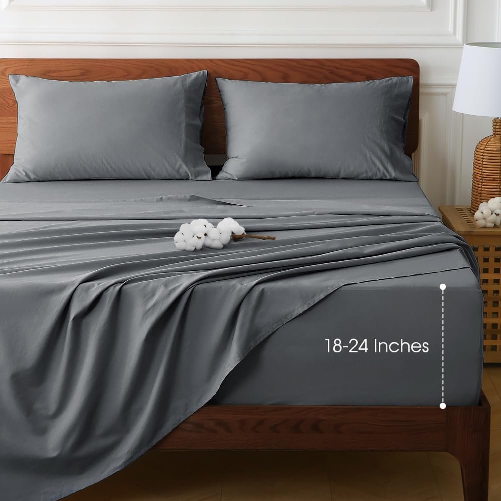 HYPREST Extra Deep Pocket Queen Sheet Sets Fits 18″-24″ in Deep Mattress -100% Cotton Queen Sheet Set,Grey Hotel Crisp Soft Cooling Sheet Sets for Queen Bed Deep Pocket
