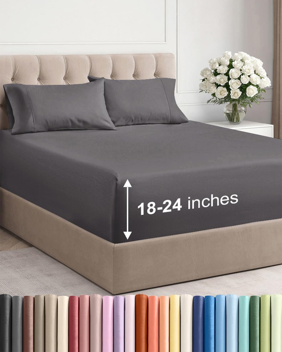 Extra Deep Queen Sheet Set – 4 Piece Breathable & Cooling Bed Sheets – Easily Fits 18 to 24 inch Mattress – Ultra Soft, Wrinkle & Fade Free with Extra Deep Pockets – Hotel Luxury Bedding – Dark Grey