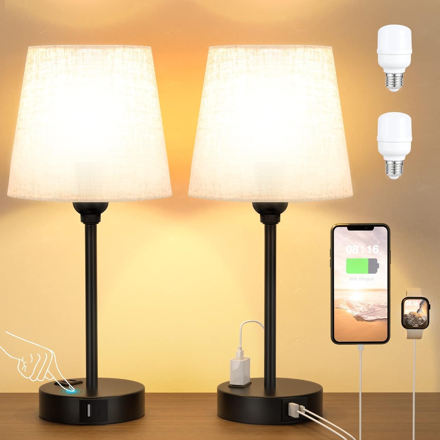 Mini Bedside Lamps for Bedrooms Set of 2 – Nightstand Bedroom Lamps with USB C Port and AC Outlet Charging, Dimmable Touch Small Bed Side Table Lamp, Black Night Stand Light for Kids/Guest Room