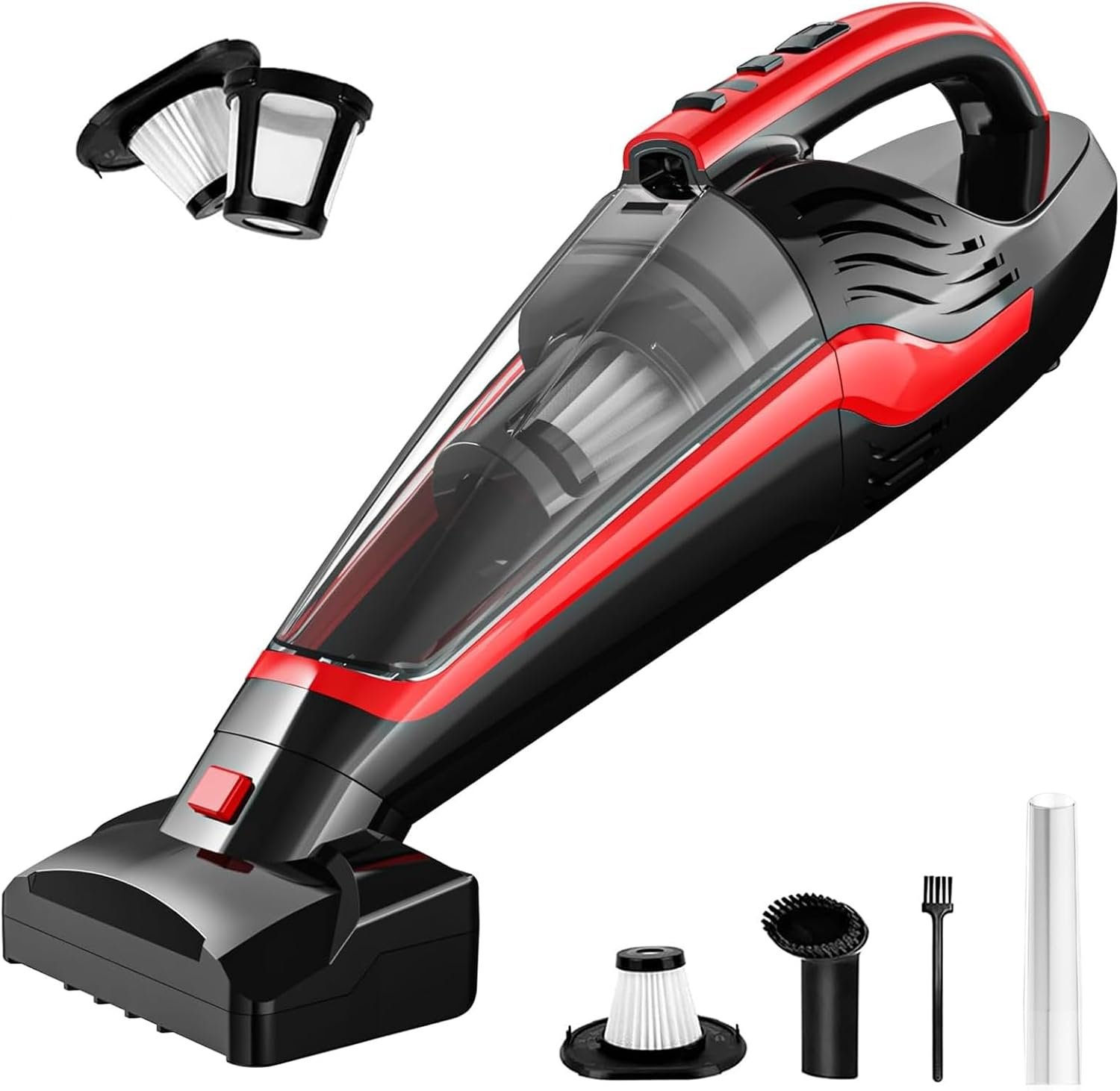 Powools Pet Hair Handheld Vacuum Cordless, Car Vacuum Rechargeable with Reusable Filters, Motorized Brush and Multi-Accessories for Carpet, Couch & Stairs, Red, 17.0″X 4.6″X 6.6″