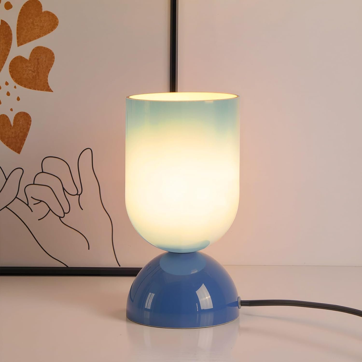 8.9″ Modern Glass Table Lamp for Living Room, Dimmable Desk Lamps for Bedroom, UL Listed Nightstand Lamp with Dome Base, End Table Lamps for Home, Side Tables, College Dorm, Office, Glossy Blue