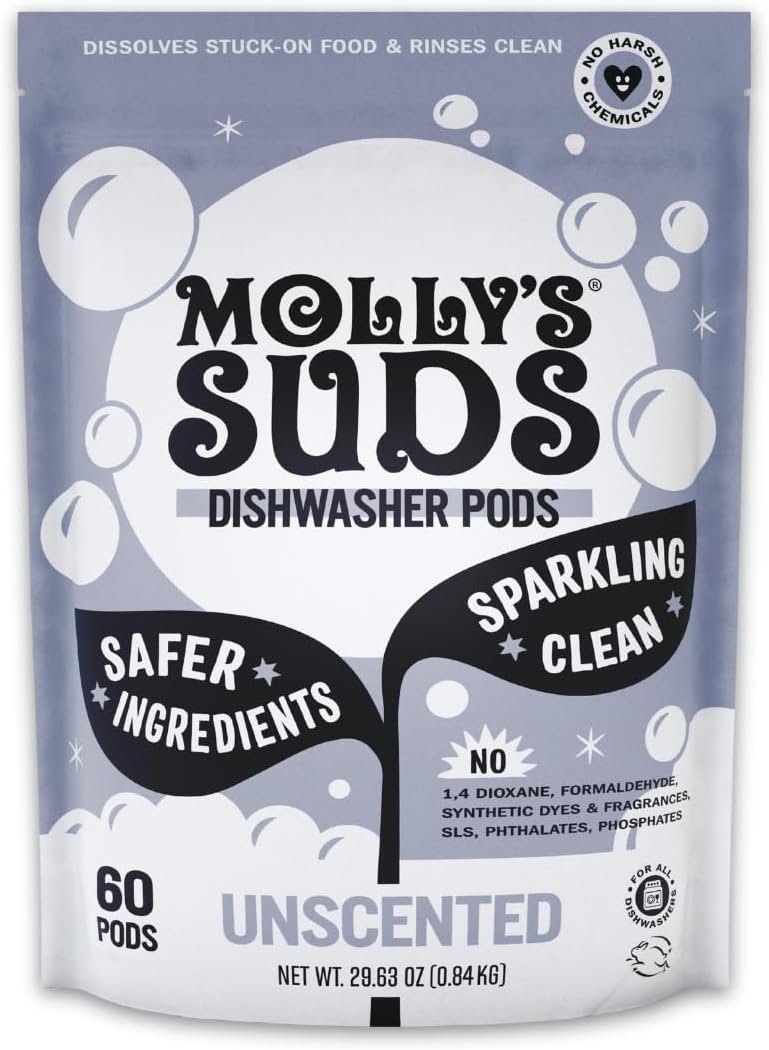 Molly’s Suds Dishwasher Pods | Clean Dishwasher Detergent, Cuts Grease & Rinses Clean (Residue-Free) for Sparkling Dishes | 60 Auto-Release Tabs (Unscented)