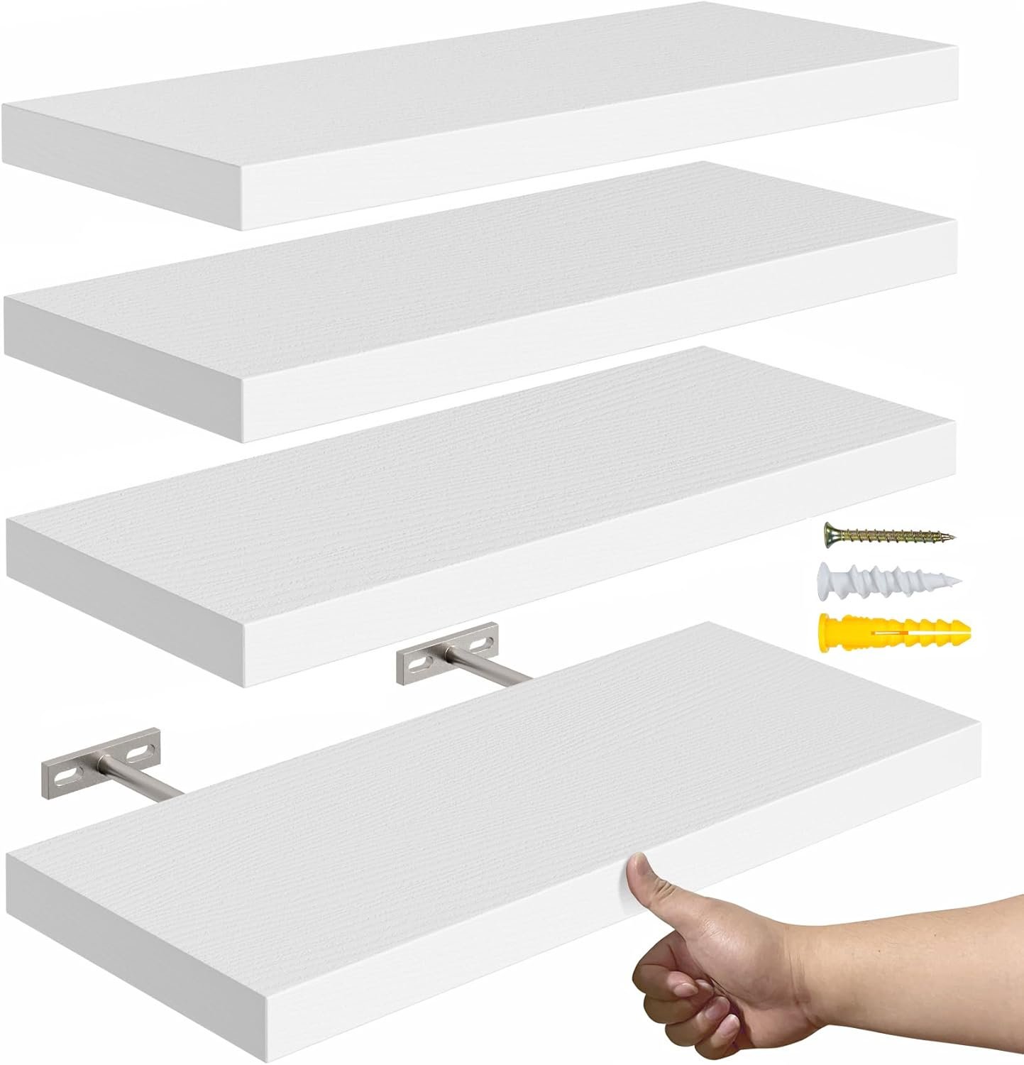 YUFLINX 16’’White Floating Shelves for Wall Set of 4,Rustic Wood Shelf for Room Decor/Storage/Display,Small Bookshelf,Wall Mounted Hanging Shelves for Bedroom, Bathroom, Living Room, Kitchen