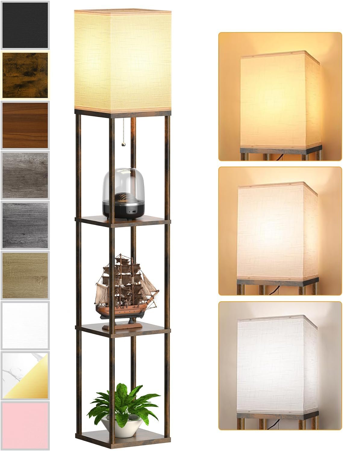 Floor Lamp with Shelves for Living Room Brown, Shelf Floor Lamp with 3 CCT LED Bulb, Corner Display Standing Column Lamp Etagere Organizer Tower Nightstand with White Linen Shade for Bedroom
