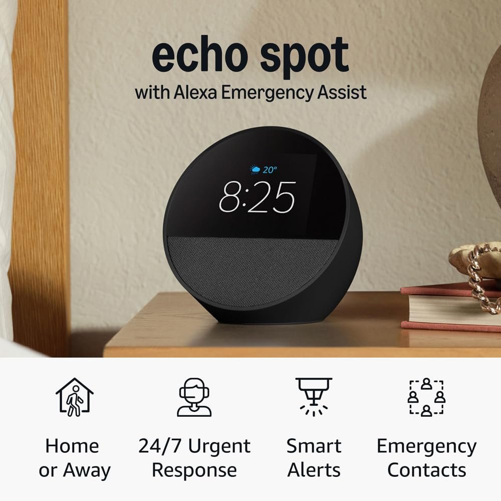 Echo Spot (newest model), Black, bundle with Alexa Emergency Assist (monthly auto-renewal subscription)