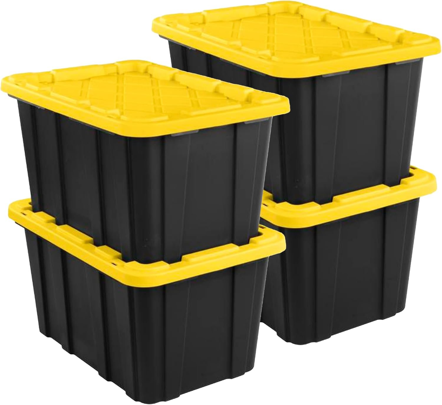 Sterilite 4-Pack 27 Gallon Industrial Storage Tote, Heavy-Duty Plastic Bins, Black/Yellow – Stackable Utility Organizers with Lids for Garage, Camping Tools, and Outdoor Gear