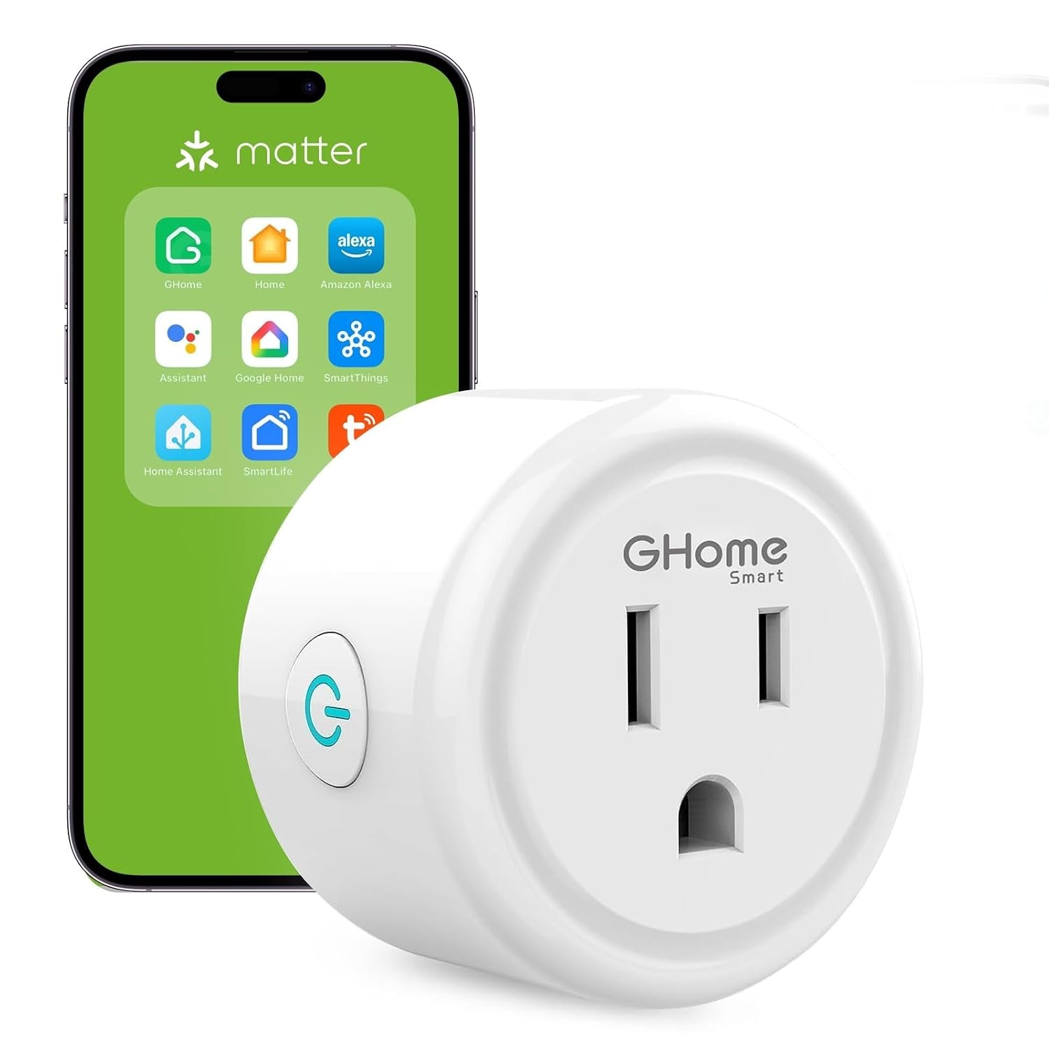 GHome Smart Plug Matter 15A, WiFi Smart Plugs Compatible with Alexa, Apple Home, Siri, Google, SmartThings, Smart Outlet Timer with APP Remote Control, 2.4GHz Wi-Fi Only, ETL FCC Listed