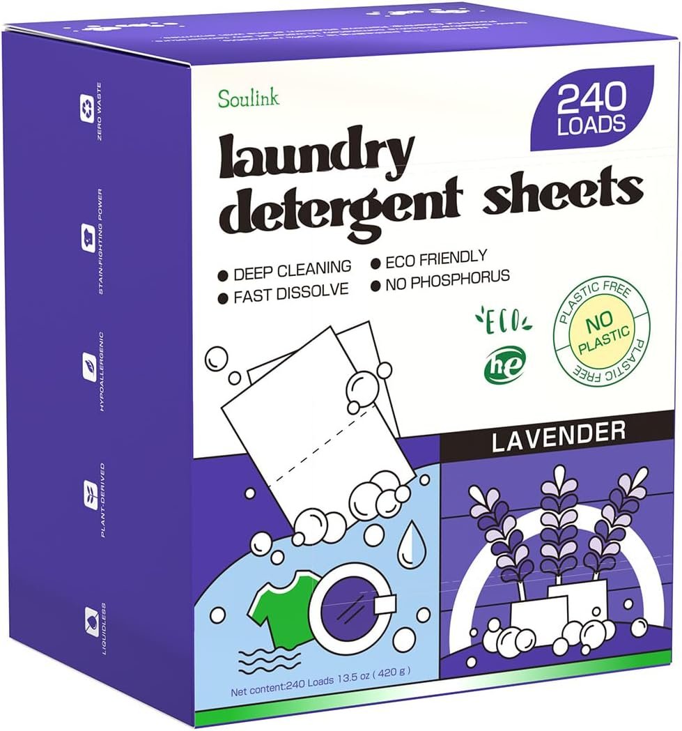 Soulink Lavender Laundry Detergent Sheets, 240 Loads – Eco-Friendly, Plant-Based, Hypoallergenic, No Plastic Jug