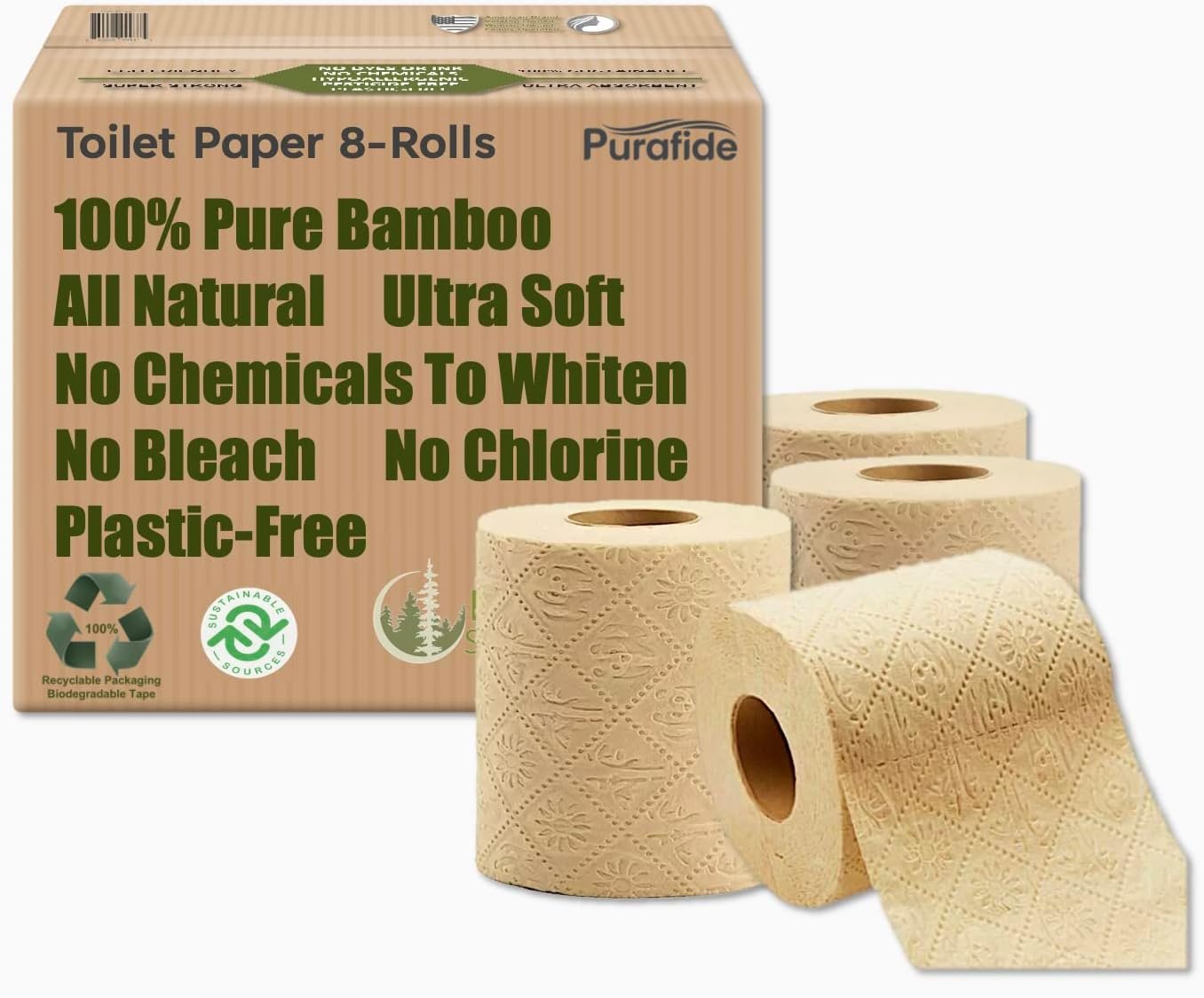 100% Bamboo, thick 3-ply toilet paper, tree-free, unbleached, sustainable, 300 sheets per roll (TP 8 rolls)