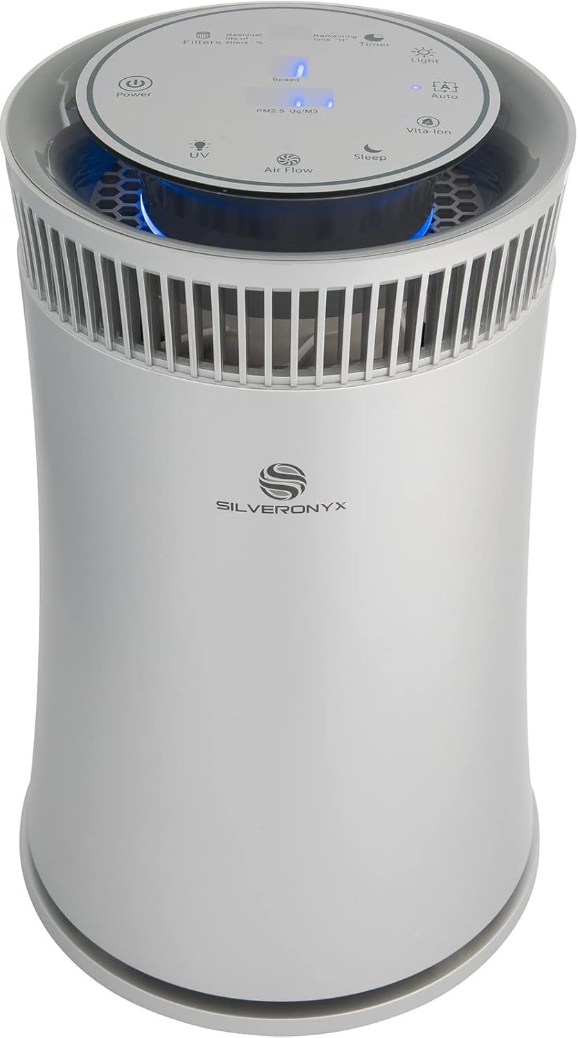 Air Purifier for Home Large Room – 5-in-1 HEPA Filter System, Covers Up to 500 Sq Ft for New Home for Allergies, Pets, Smoke, Remove Dust & Odor, Quiet, High Filtration Efficiency – SILVERONYX, Silver