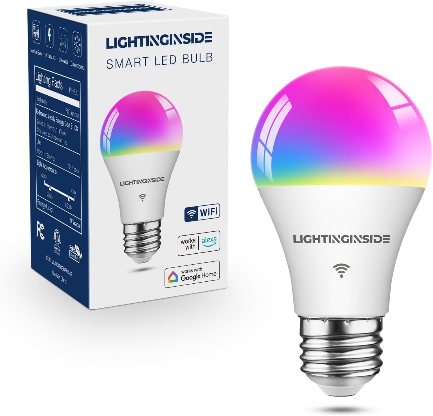 Lightinginside Smart Light Bulbs, Smart Bulb Works with Alexa/Google Home/SmartLife, CRI>90, RGBCW Color Changing Light Bulbs, 60W 2.4G WiFi & BLE A19 E26 LED Bulb, No Hub Required, ETL Listed, 1PC