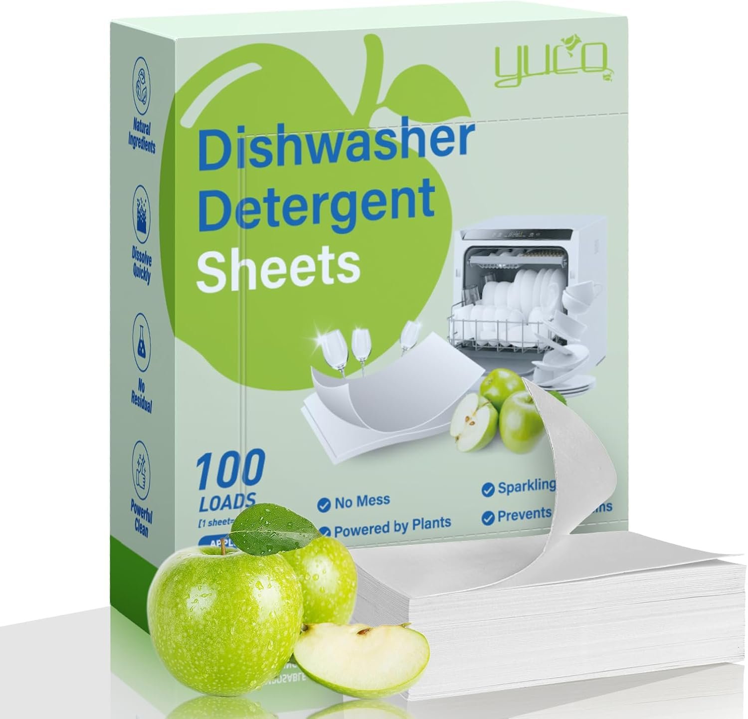 YUCO Dishwasher Detergent Sheets, 100 Loads Eco Friendly Plastic-Free Dishwashing Soap Strips, Quick Dissolving Dishwasher Pods Alternative for Dishes and Cookware (Green Apple)