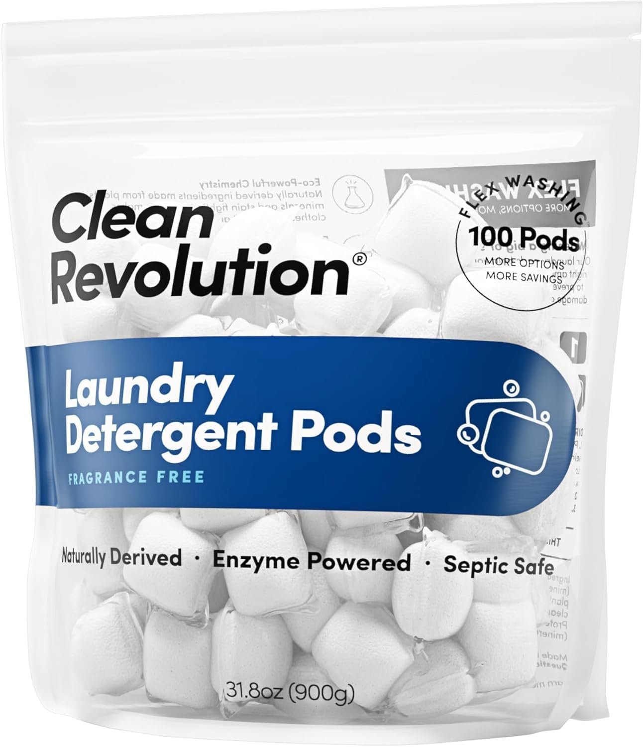 Clean Revolution, All Natural, Enzyme Powered Laundry Detergent Pods, Fragrance Free, 100 Pods, Sensitive Skin, HypoAllergenic Laundry Soap, Septic Safe, Made in the USA