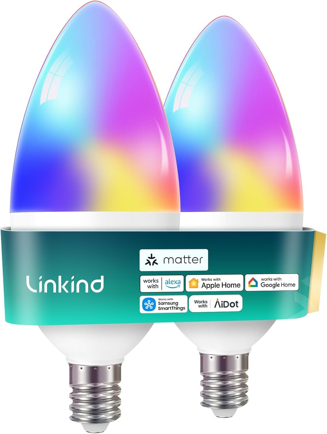 Linkind Matter Smart Bulbs, E12 Led Bulb Works with Alexa/Apple Home/Google Home, Smart Light Bulbs, WiFi Candelabra B11 Bulbs, RGBTW Color Changing Light Bulb, 2.4Ghz WiFi Bulb, 470 LM 2 Pack
