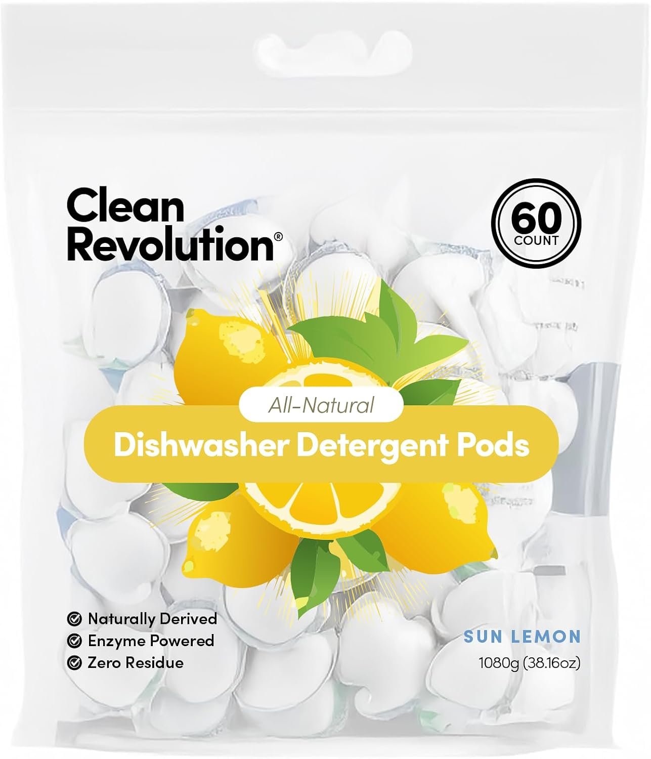 Clean Revolution All Natural Dishwasher Detergent Pods, 60 Pods, Enzyme Powered, No Chemical Additives, No Residue – SUN LEMON – Made in USA
