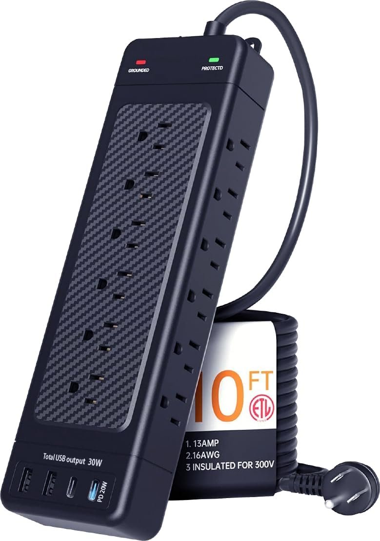 Surge Protector Power Strip 10ft Cord/High Joules Surge Protection (4800J) /Heavy Duty/Multiple outlets/Mountable/18AC/15A/ USB A+C(PD20W),Flat Plug,Commercial,Industrial,Office,Home,Black
