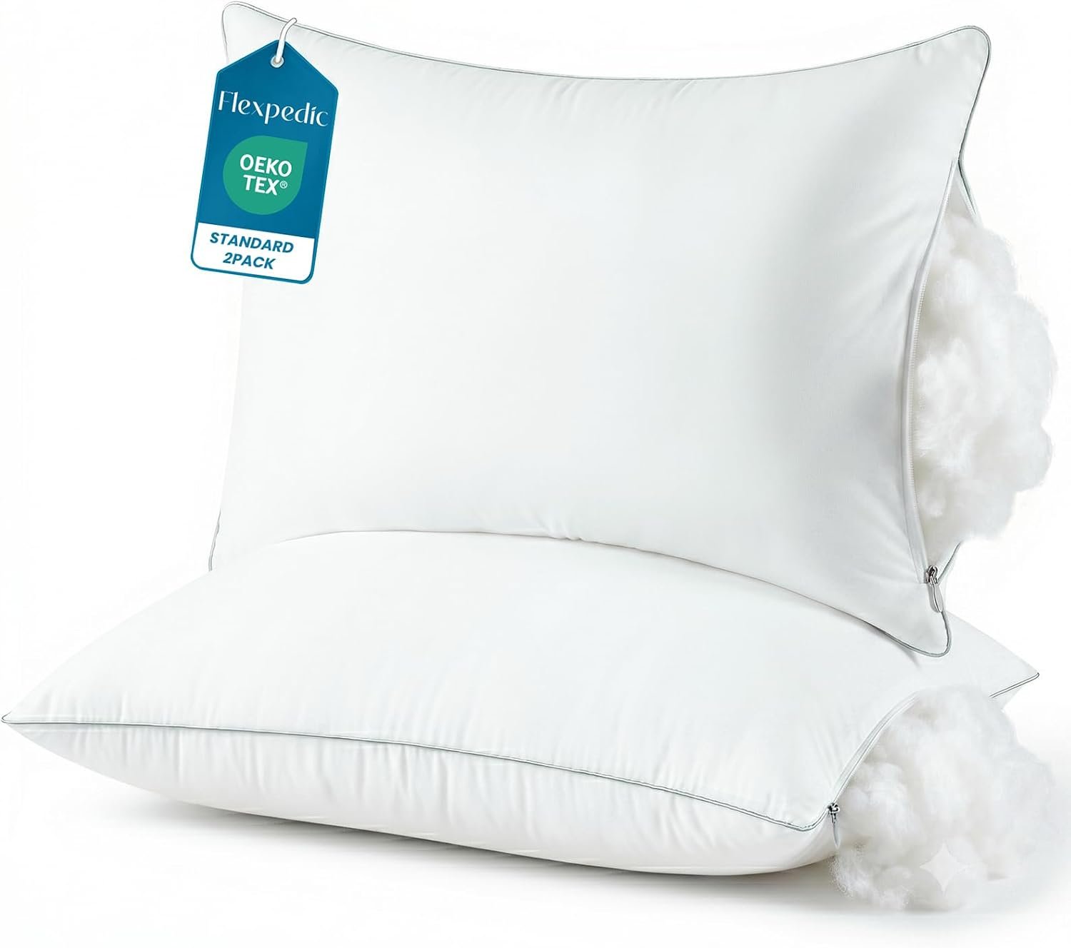 FP FLEXPEDIC Standard Soft Adjustable Pillows 2 Pack – Fluffy Bed Pillows for Sleeping, Down Alternative Fill, Zippered Plush Support, Hotel Quality, Oeko-TEX, Machine Washable, 110GSM Gray Piping