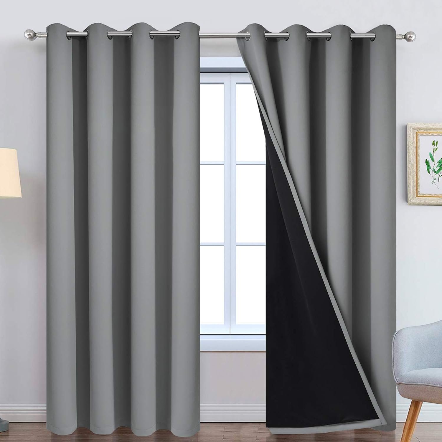 Yakamok 100% Blackout Curtains 84 Inches Long, 2 Thick Layers Heat and Full Light Blocking Soft Thermal Insulated Drapes for Bedroom(52″ Wide Each Panel, Grey, 2 Panels)