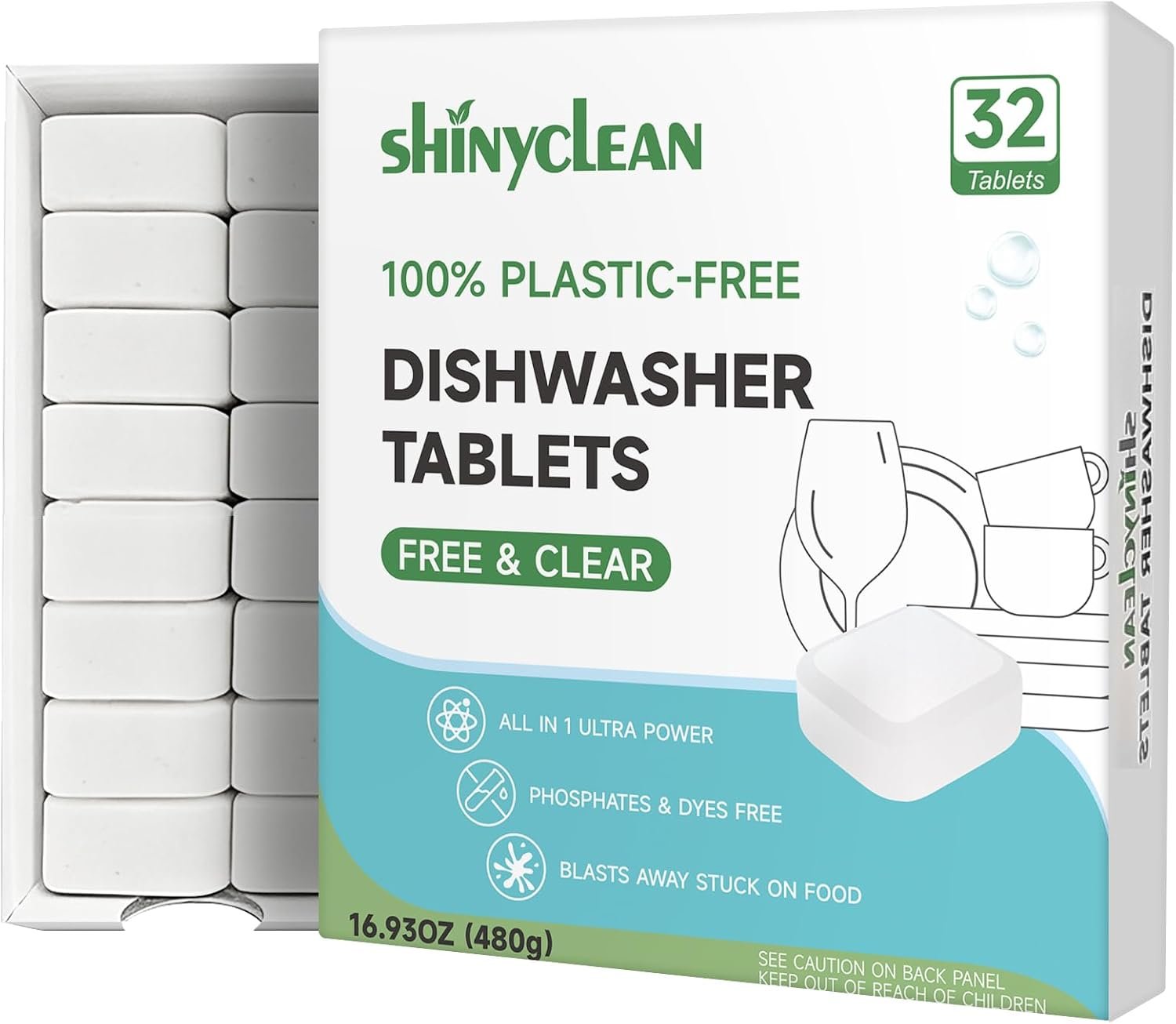 100% Plastic-Free Dishwasher Tablets, Free & Clear, 32 Count | All-in-One Dishwashing Pods, Enzyme-Powered for Stuck-On Food, Phosphate & Dye Free, Sparkling Shine