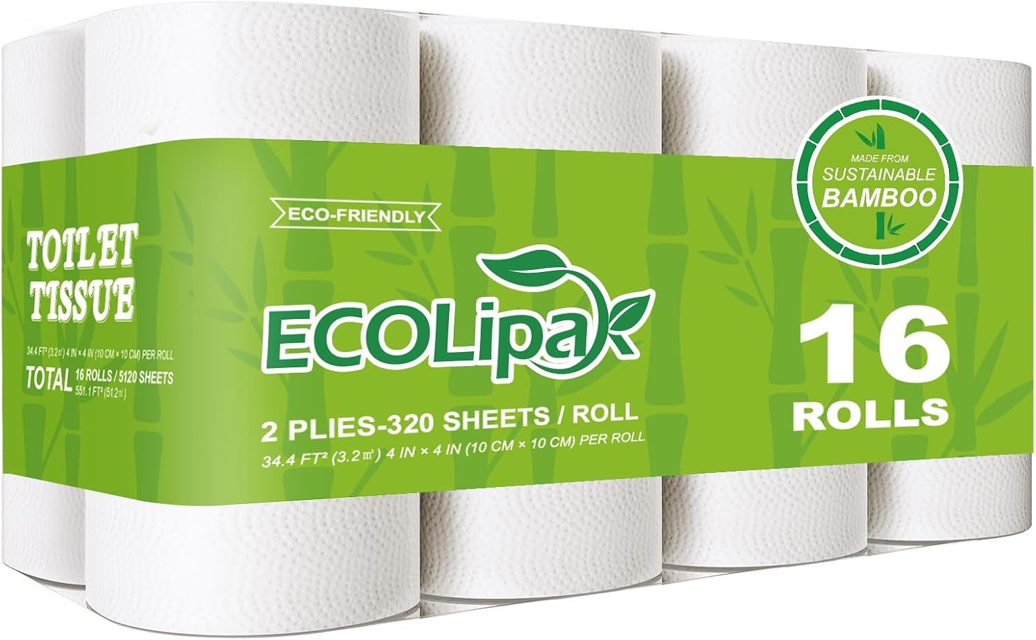 ECOLipak Bamboo Toilet Paper, Septic Safe Toilet Tissue, 16 Double Rolls, 320 Sheets Per Roll, Tree Free, Non Toxic, 2 Ply, Soft and Absorbent, Eco Friendly Dye-Free Paper