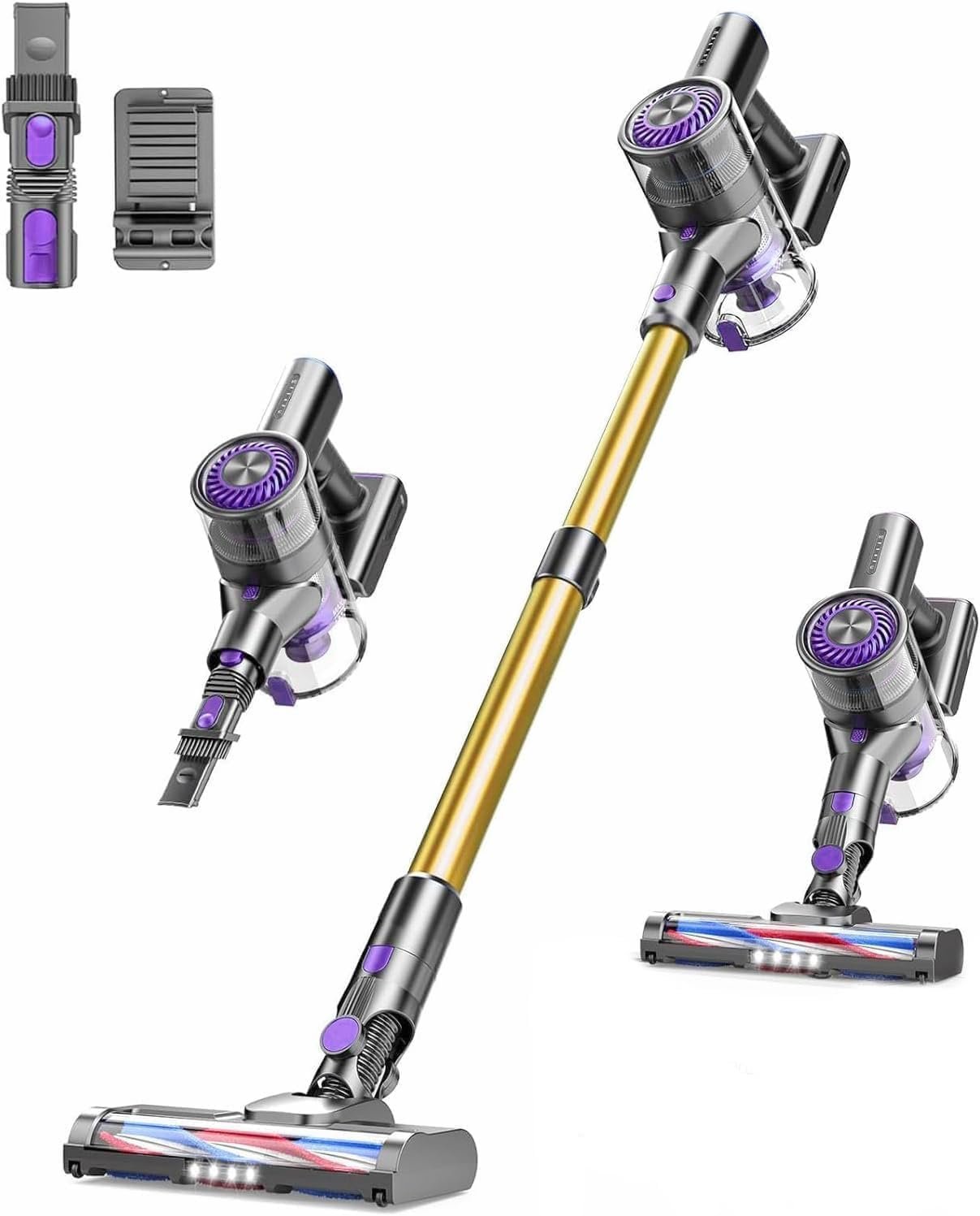 Cordless Vacuum Cleaner, 6 in 1 Lightweight Stick Vacuum with Rechargeable Battery, Handheld Conversion, LED Headlights & 180° Swivel Brush, for Hardwood Floor Carpet Pet Hair Stairs Car(G-Purple)