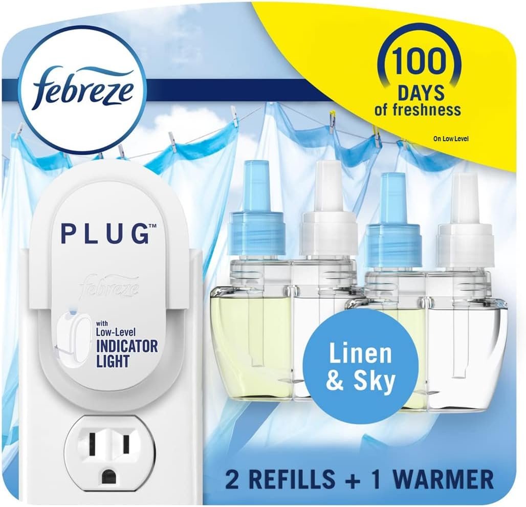 Febreze Plug In Air Freshener, Odor-Fighting Scented Oil Starter Kit, Air Fresheners for Home and Bathroom and Kitchen, Long Lasting for Strong Odors, Linen & Sky Scent, Warmer + 2 Refill