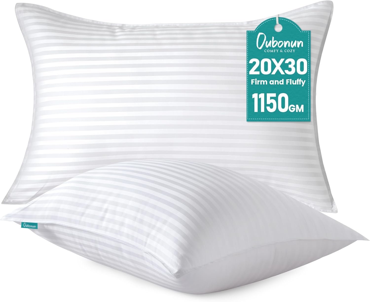 Oubonun Queen Size Pillows Set of 2 – Fluffy & Supportive Down Alternative Pillows with Zippered Cotton Cover – Breathable and Cool for All Sleeping Positions – Machine Washable – 20″x30″