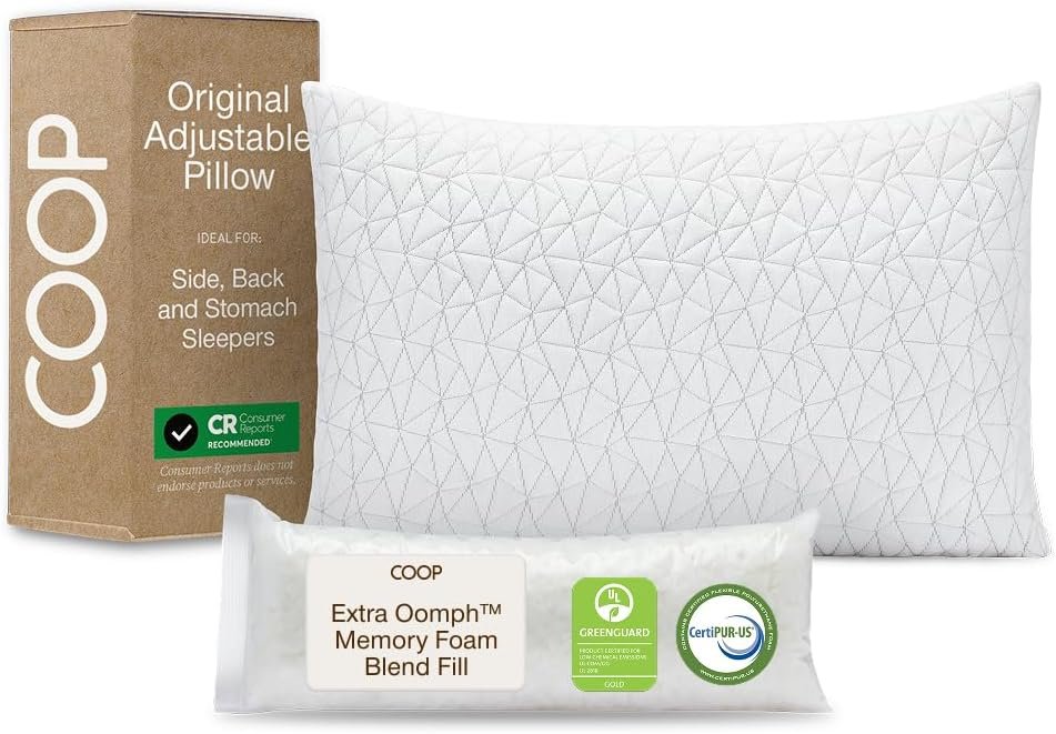 Coop Home Goods Original Adjustable Pillow, King Size Bed Pillows for Sleeping, Cross Cut Memory Foam Pillows – Medium Firm Back, Stomach and Side Sleeper Pillow, CertiPUR-US/GREENGUARD Gold