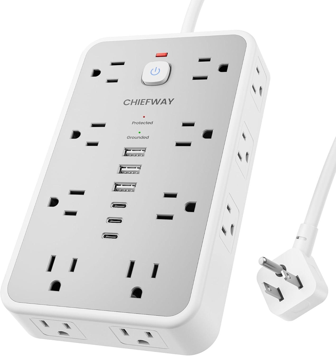 Surge Protector Power Strip, 6Ft Flat Plug Extension Cord with 6 USB Ports (3 USB C), 16 Widely Spaced Outlets, 4-Sided Outlet Extender, 2400J, 1875W/15A for Home Office Dorm Room Gaming
