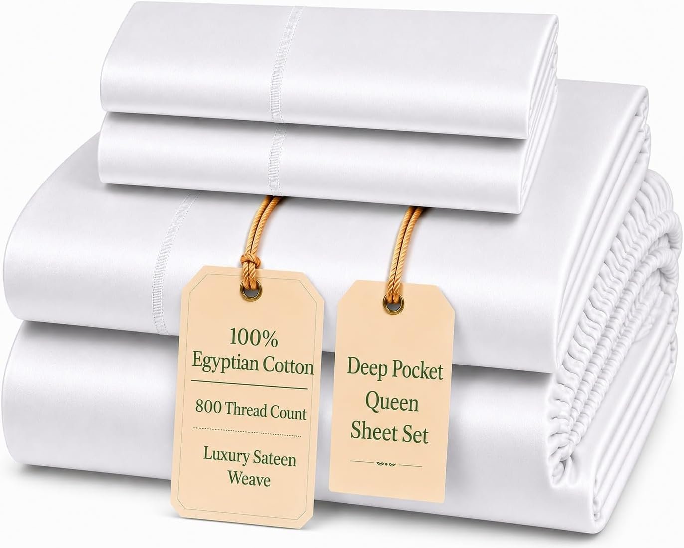 800 Thread Count Queen Sheet Set,100% Egyptian Cotton Sheets Queen Size Bed Set, Silky Sateen Weave White Sheets, Buttery Soft Durable Hotel Luxury Bed Sheets with 15″ Snug Fit Deep Pockets-White