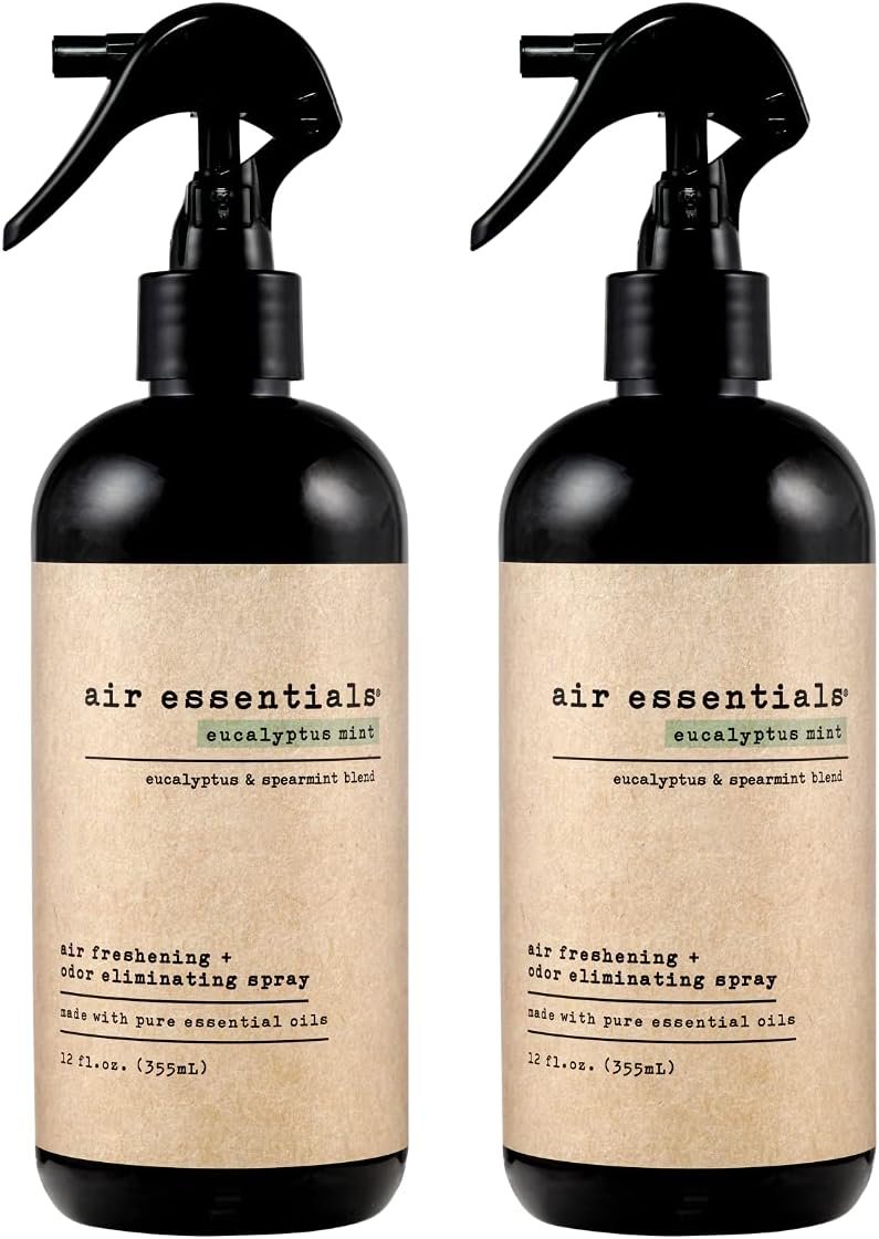 Air Essentials 12 oz Air Freshener & Odor Eliminator Spray – Neutralize Odors from Smoke, Pets, Food & Garbage in Homes, Offices & Cars – Made with Clean Essential Oils (Eucalyptus Mint, 2-Pack)