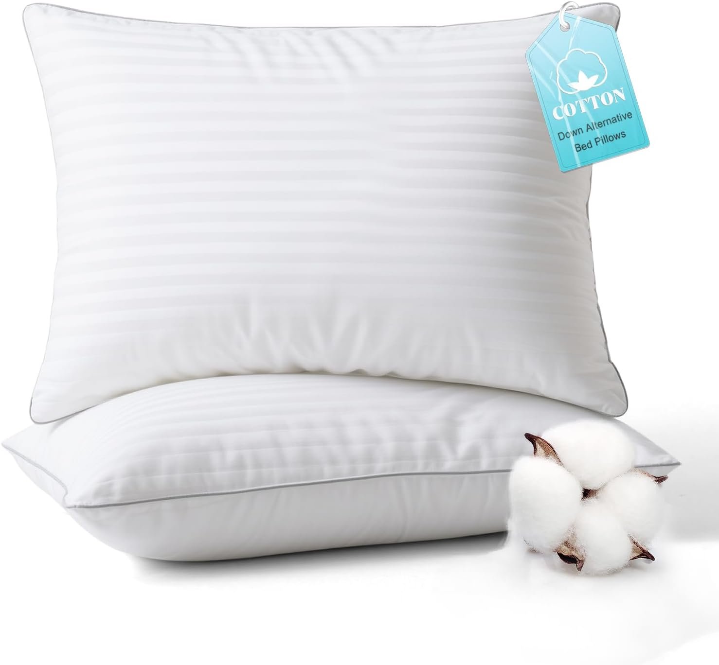 Bed Pillows King Size Set of 2-100% Cotton Cover, Down Alternative Gel Polyfill Filled, Flat Soft Medium Adjustable Hotel-Style Pillow Inserts, 20×36 Inch