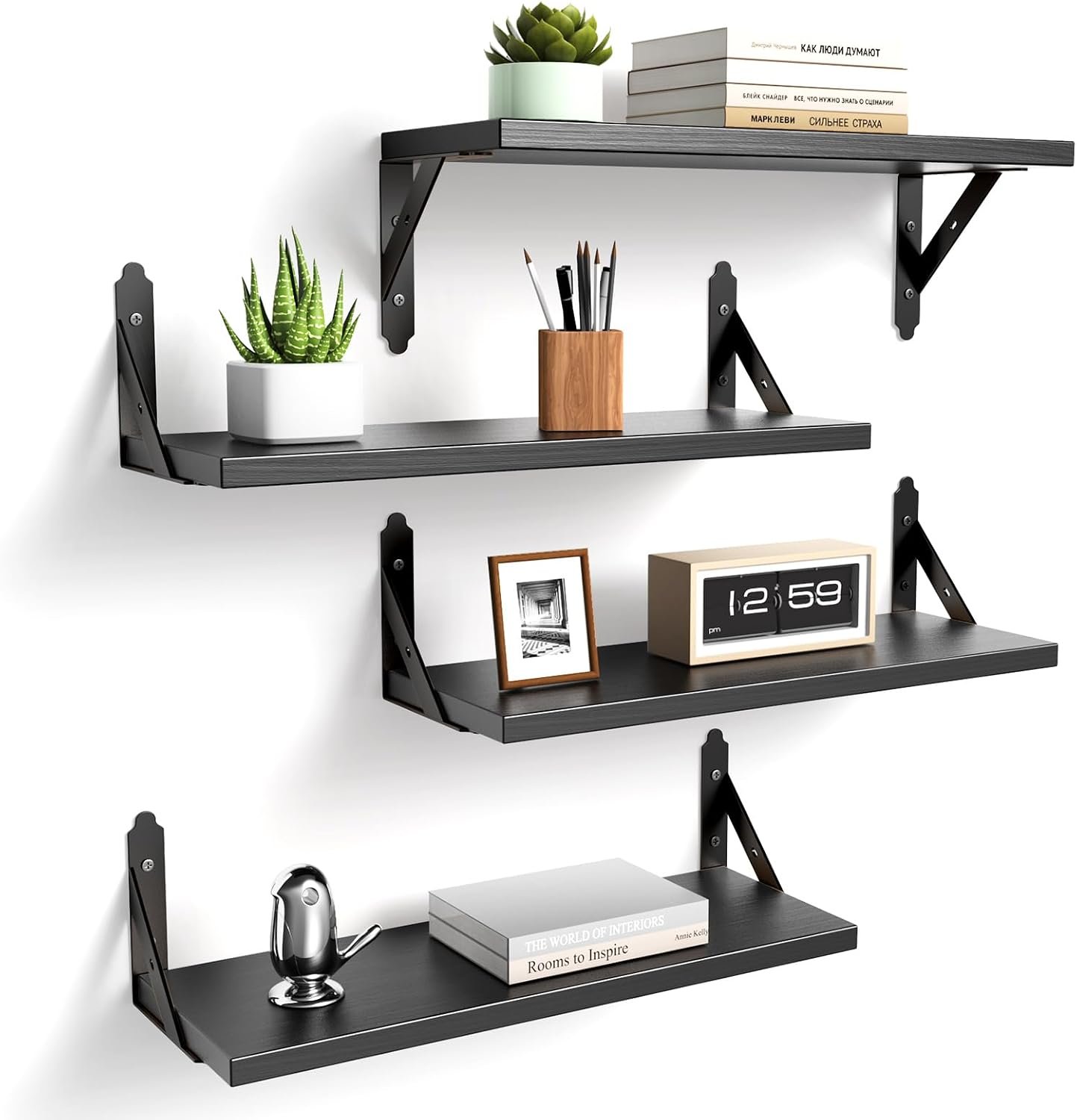 ROMGUAR CRAFT Wood Floating Shelves Set of 4, Rustic Storage Decor Wall Shelves, Wall Mounted Shelf for Living Room, Bedroom 17″ x 6″, Black