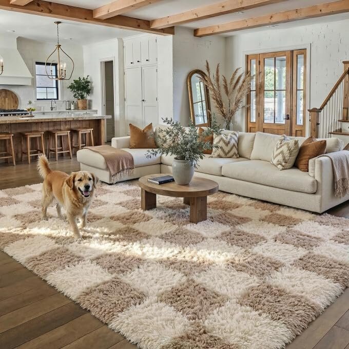 PureCozy Beige 5×7 Area Rugs for Living Room Soft Shag Checkered Large Rug Modern Washable Indoor Office Fuzzy Carpet Non-Slip Fluffy Rugs for Bedroom Nursery Dorm Playroom Home Aesthetic Decor