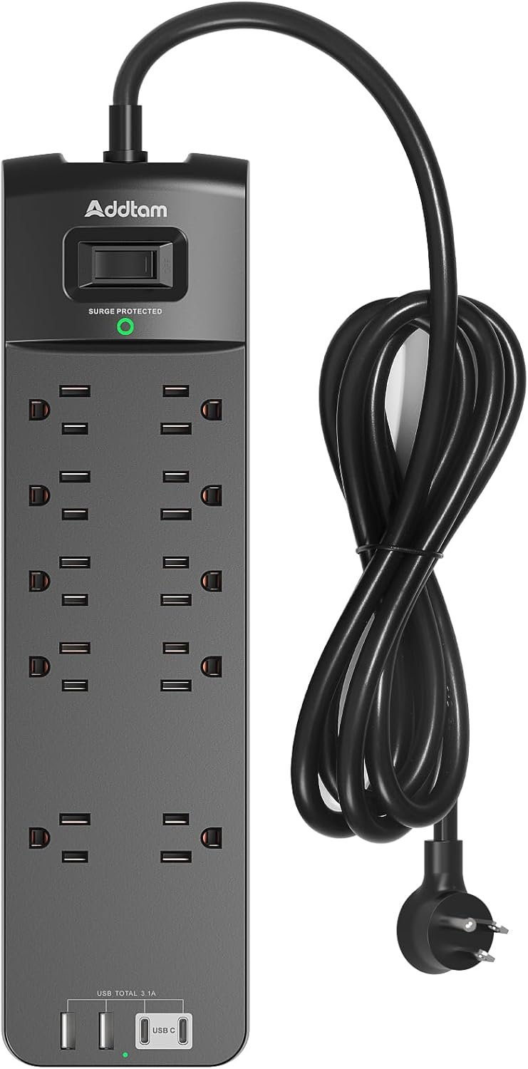 Addtam Power Strips with Surge Protection, 6FT Extension Cord with Multiple Outlets, Surge Protector Power Strip with 10 Outlets and 4 USB Ports(2 USB C), Flat Plug, 2700J, Black