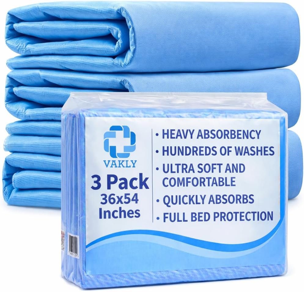 Vakly XL Washable Underpads 36 x 54 in (3 Pack) – Reusable Waterproof Incontinence Bed Pads, Heavy Absorbent Mattress Protector for Adults, Seniors, Kids & Pets