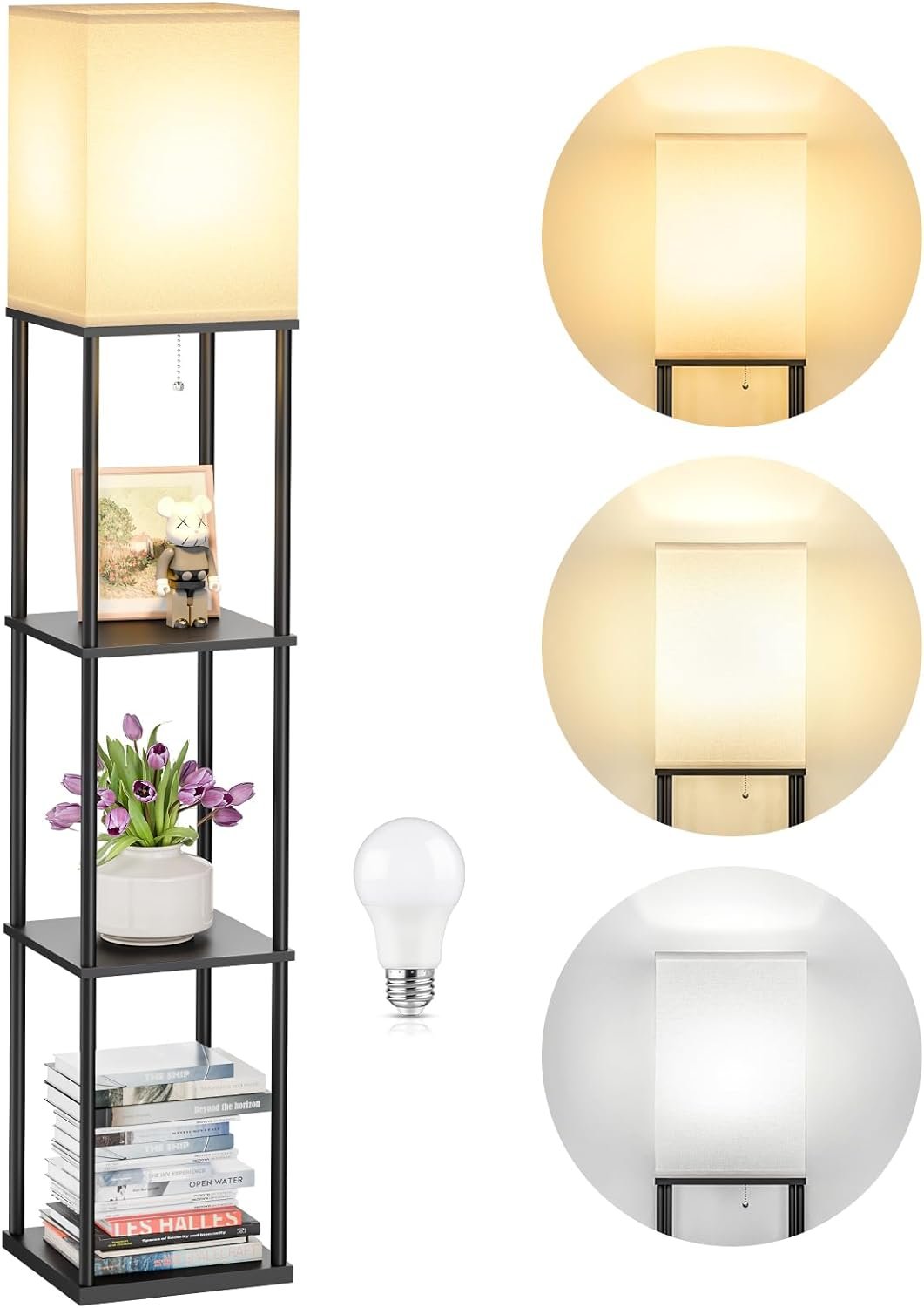 SHINE HAI Floor Lamps with Shelves for Living Room, 3-Tier Square Modern Standing Lamp with 3CCT Bulb, 11W 950LM Brightness, Tall Shelf Lamp for Bedroom, Office, Bookshelf & Display Organizer