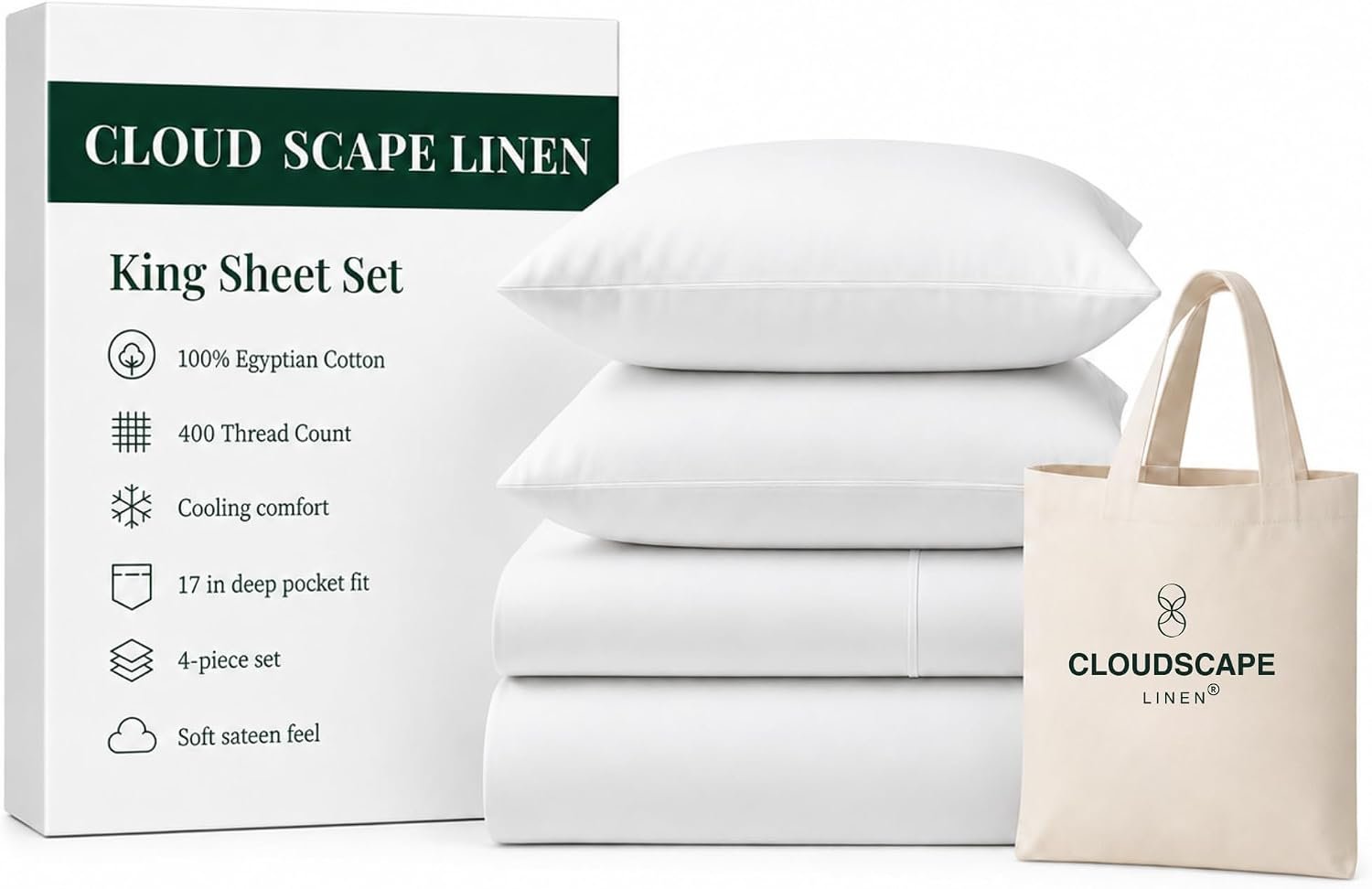 CLOUDSCAPE 100% Egyptian Cotton Sheets King Size – 400 Thread Count 17″ Extra Deep Pocket Bed Sheet Set, Fits Upto Cal King Bed, Luxury, All Season Durable Cooling Bedding for Summer- White