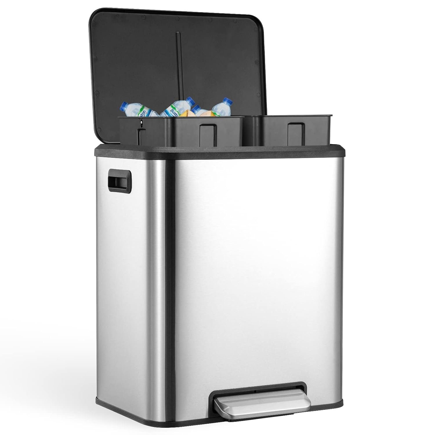 Garvee Dual Trash Can for Recycling and Trash, Stainless Steel Kitchen Trash Can with Lid and Foot Pedal, Double Compartment Garbage Can, with Recycling Bin (Silver, 8 Gallon(2x4Gal))